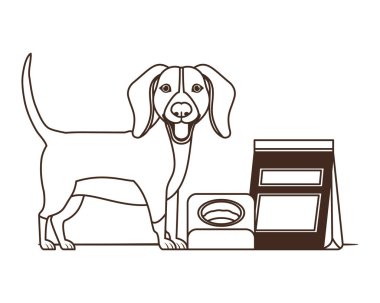 beyaz arka plan üzerinde kase ve evcil hayvan gıda ile köpek silueti