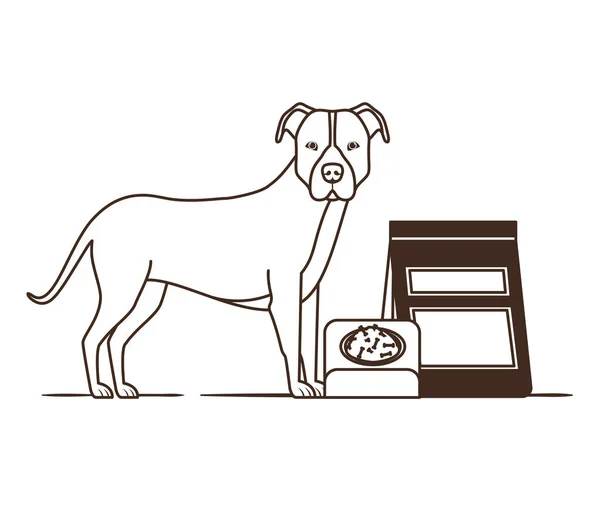 Silueta de perro con tazón y comida para mascotas sobre fondo blanco — Vector de stock