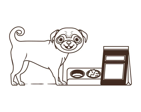 Silueta de perro con tazón y comida para mascotas sobre fondo blanco — Vector de stock