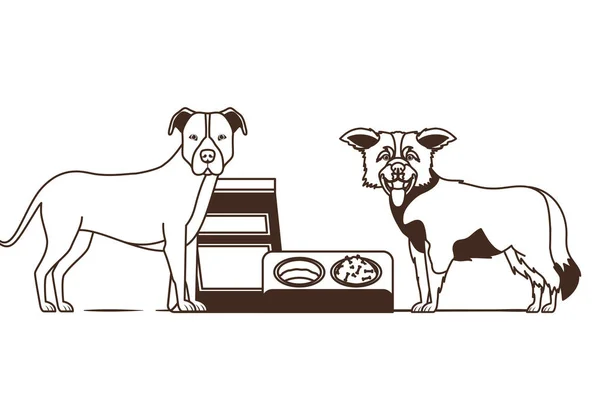 白色背景上带碗和宠物食物的狗的剪影 — 图库矢量图片