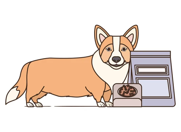 Perro con tazón y comida para mascotas sobre fondo blanco — Vector de stock