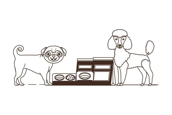 Silhouette av hundar med skål och sällskapsdjur mat på vit bakgrund — Stock vektor