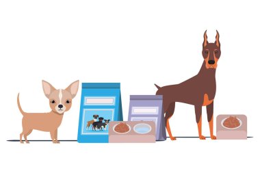 beyaz arka plan üzerinde kase ve evcil hayvan gıda ile köpekler