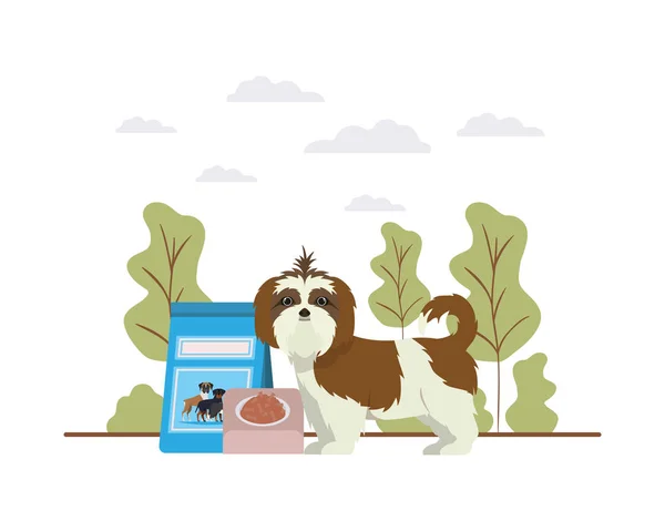 Perro con tazón y comida para mascotas en el paisaje — Vector de stock