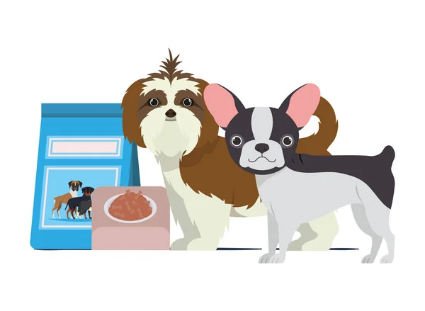 Perros con tazón y comida para mascotas sobre fondo blanco — Vector de stock