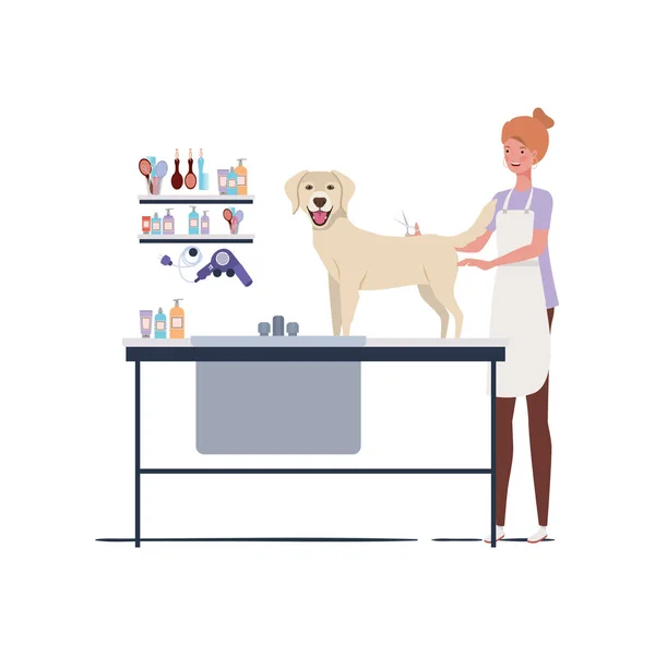 Young woman with dog in pet groomer — Stock Vector