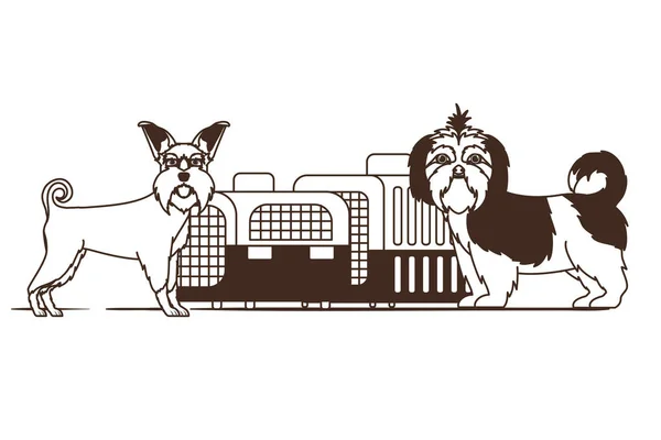 Silhouette de chiens et boîtes de transport pour animaux de compagnie sur fond blanc — Image vectorielle
