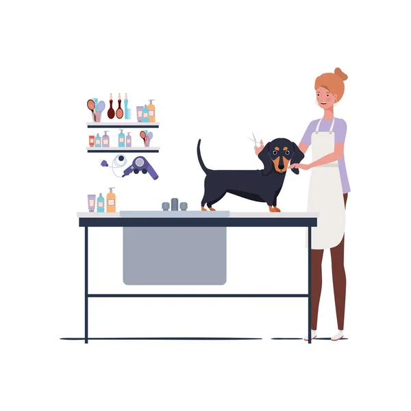 Young woman with dog in pet groomer — Stock Vector