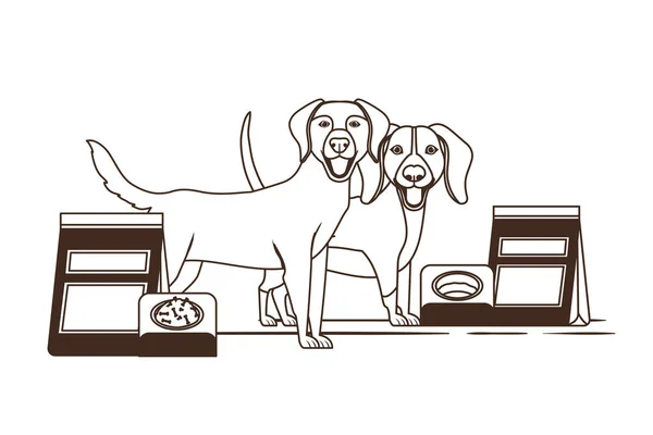 Silueta de perros con tazón y comida para mascotas sobre fondo blanco — Vector de stock