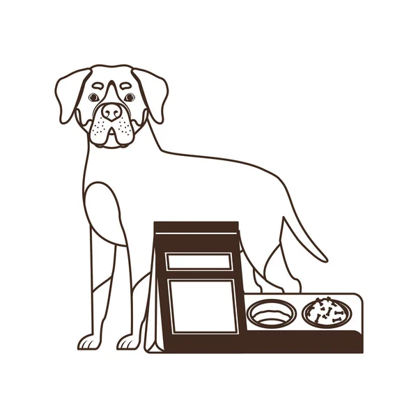 รูปแบบของสุนัขที่มีชามและอาหารสัตว์เลี้ยงบนพื้นหลังสีขาว — ภาพเวกเตอร์สต็อก