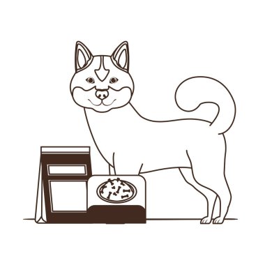 beyaz arka plan üzerinde kase ve evcil hayvan gıda ile köpek silueti