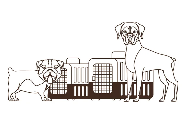 Silhouette de chiens et boîtes de transport pour animaux de compagnie sur fond blanc — Image vectorielle