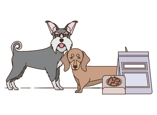 Hunde mit Schale und Tiernahrung auf weißem Hintergrund — Stockvektor
