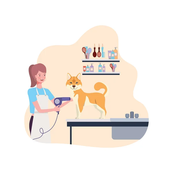 Young woman with dog in pet groomer — Stock Vector