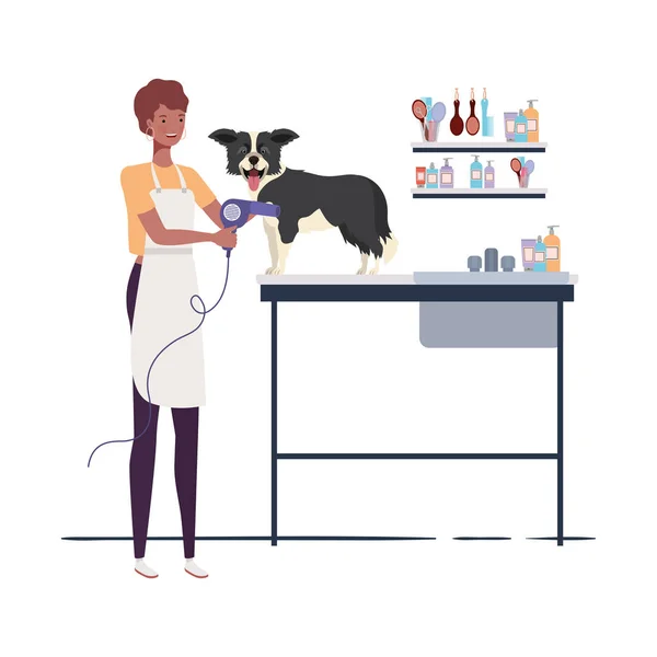 Young woman with dog in pet groomer — Stock Vector
