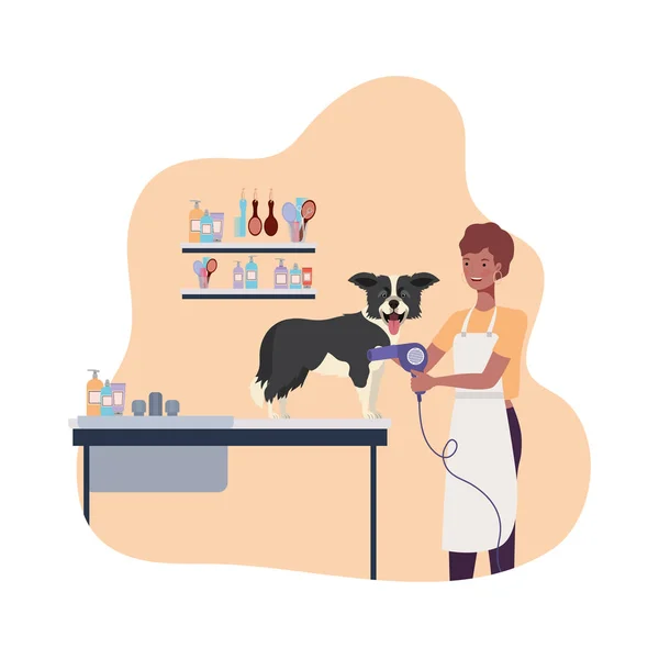 Mujer joven con perro en peluquero de mascotas — Vector de stock