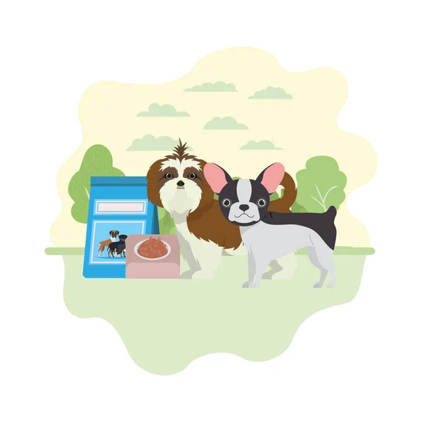 Psi s miskou a domácími potravinami na krajině — Stockový vektor