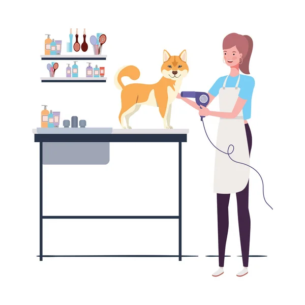 Young woman with dog in pet groomer — Stock Vector