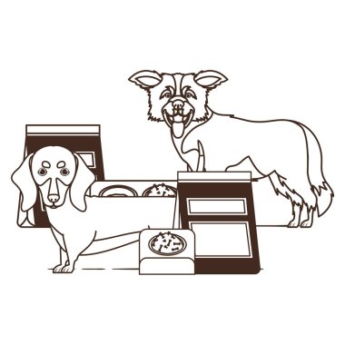 beyaz arka plan üzerinde kase ve evcil hayvan gıda ile köpeklerin silueti