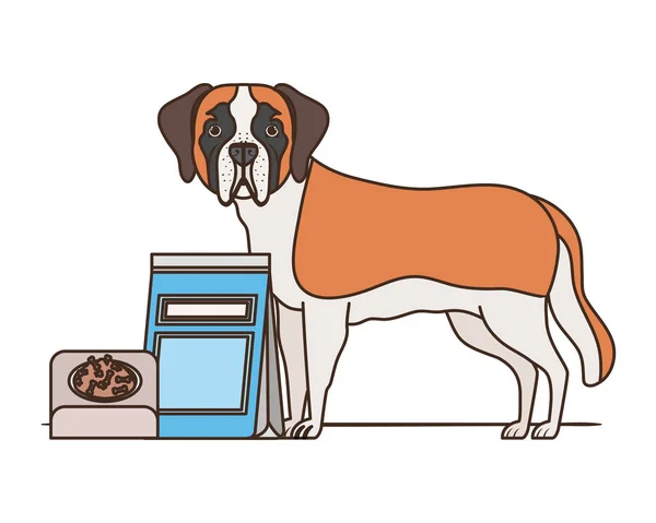 Perro con tazón y comida para mascotas sobre fondo blanco — Vector de stock