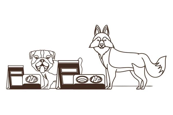 Silhouette von Hunden mit Schale und Tiernahrung auf weißem Hintergrund — Stockvektor