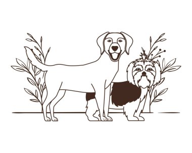 yaprakları arka plan ile sevimli ve sevimli köpeklerin silueti