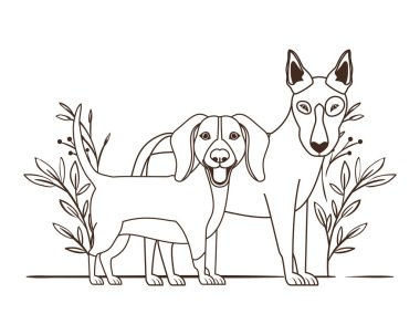 yaprakları arka plan ile sevimli ve sevimli köpeklerin silueti