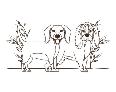 yaprakları arka plan ile sevimli ve sevimli köpeklerin silueti