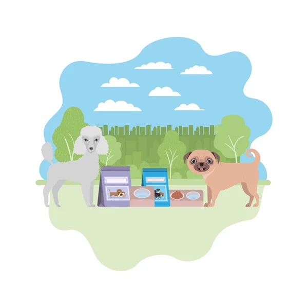 Perros con tazón y comida para mascotas en el paisaje — Vector de stock