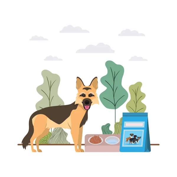 Dog with bowl and pet food on landscape — Stock Vector