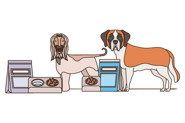 Perros con tazón y comida para mascotas sobre fondo blanco — Vector de stock