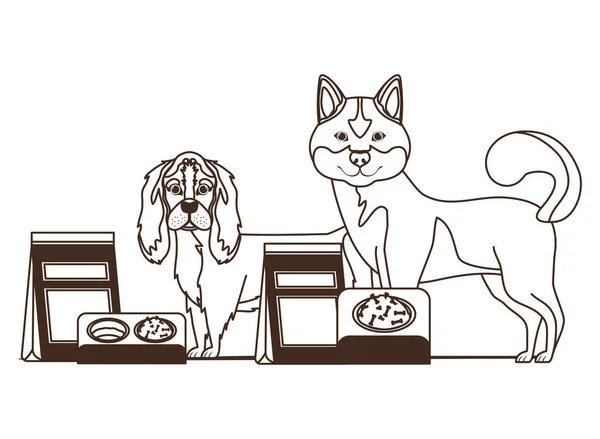 Silueta psů s miskou a domácími potravinami na bílém pozadí — Stockový vektor