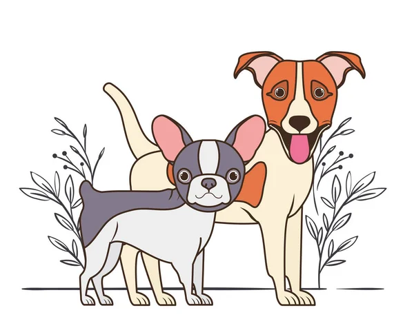 Söta och bedårande hundar med löv bakgrund — Stock vektor