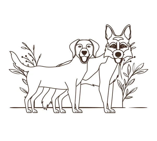 Silueta roztomilého a rozkošněho psů s listím na pozadí — Stockový vektor