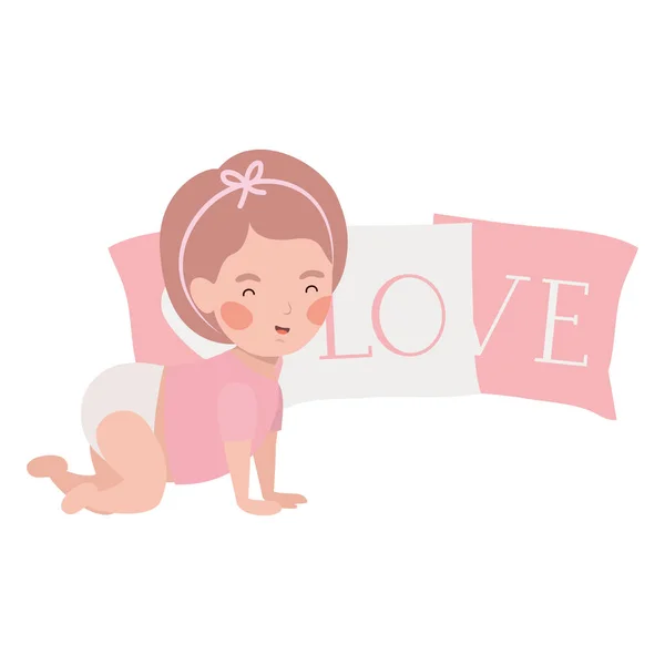 Bonito menina bebê com amor travesseiros personagem — Vetor de Stock