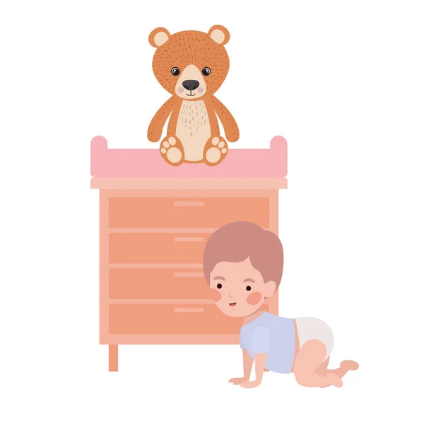 Niedlicher kleiner Junge mit Bärenteddy in der Schublade — Stockvektor