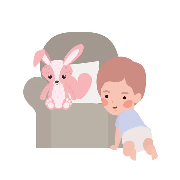 Милий маленький хлопчик дитина з кроликом в дивані персонаж — стоковий вектор