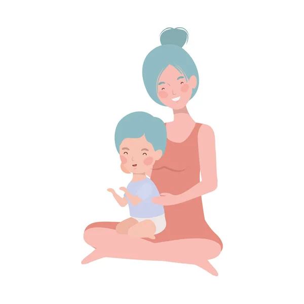 Bonito gravidez mãe sentada com pequeno menino personagens —  Vetores de Stock