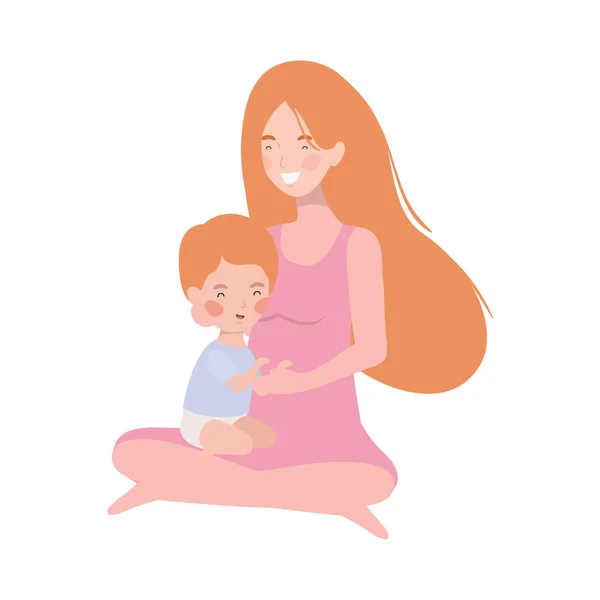 Cute pregnancy mother seated with little boy characters — Stock Vector