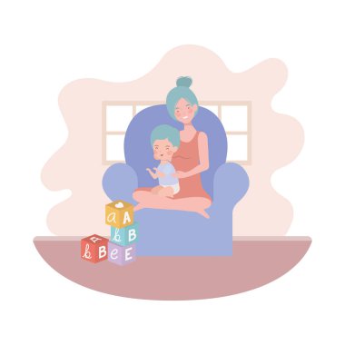 küçük çocuk ile sevimli gebelik anne kanepede oturan