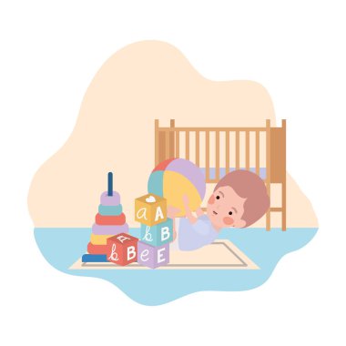 sevimli küçük çocuk bebek oyuncaklar ve beşik ile oynarken