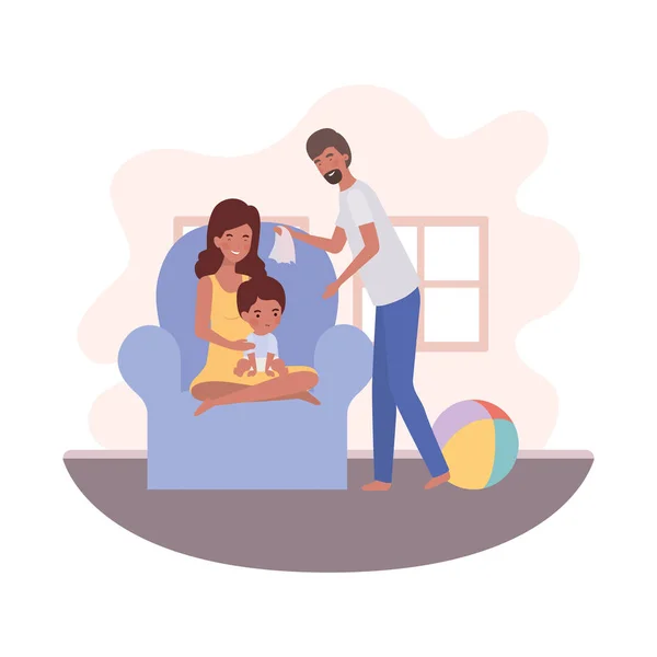 Ouders paar met kleine baby in de woonkamer — Stockvector