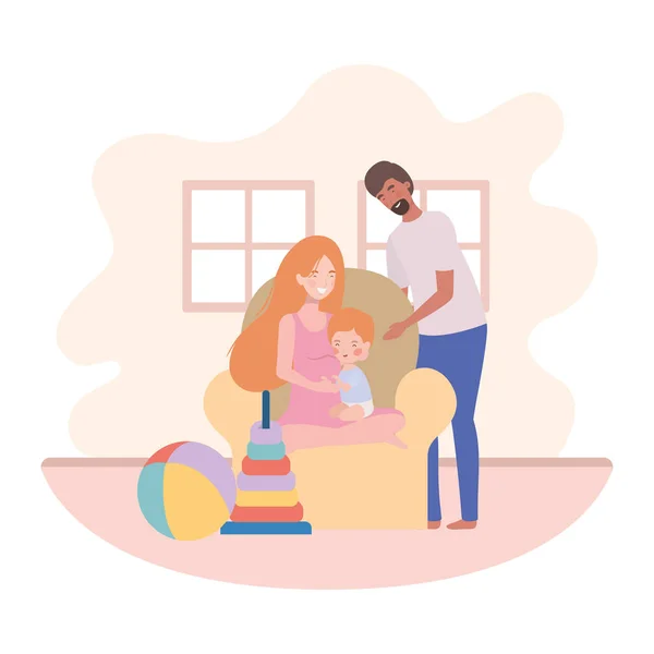 Padres pareja con pequeño bebé en el sofá personajes — Vector de stock
