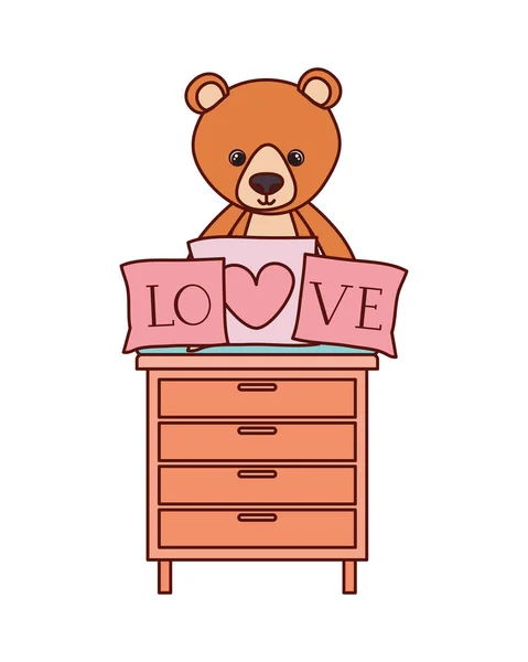 Ursinho bonito recheado com almofadas de amor na gaveta —  Vetores de Stock
