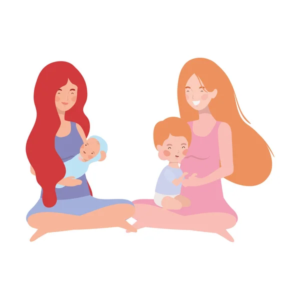 Gravidez bonito mães sentadas levantando pequenos bebês personagens —  Vetores de Stock