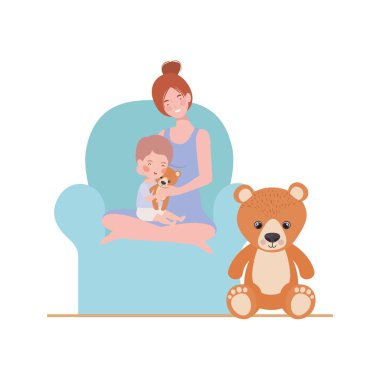 küçük çocuk ile sevimli gebelik anne kanepede oturan