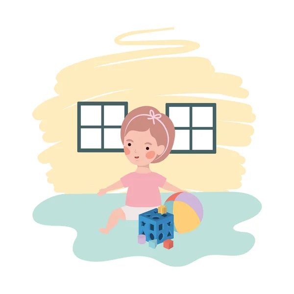 Mignon petite fille bébé avec ballon jouet personnage — Image vectorielle