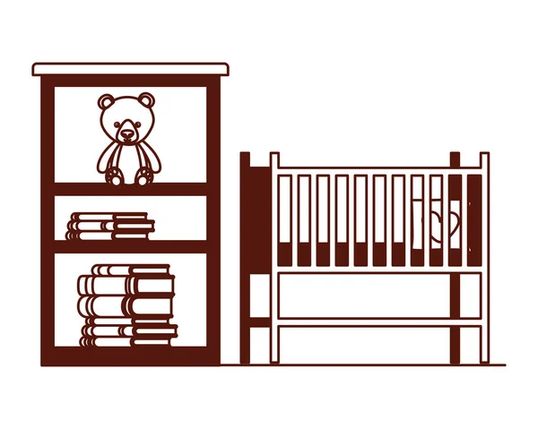 Babywiege und Regale mit Büchern — Stockvektor