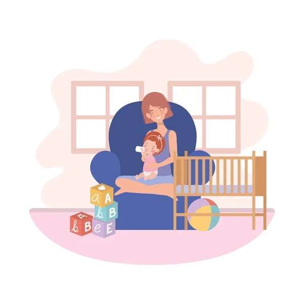 Küçük kız ile sevimli gebelik anne kanepede oturan — Stok Vektör