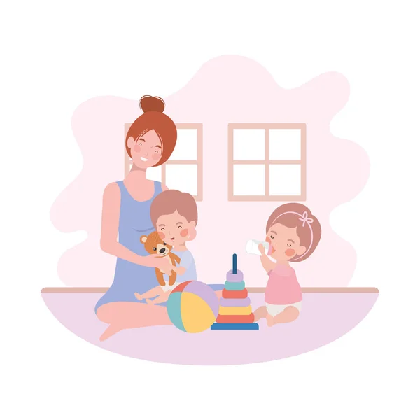 Cute pregnancy mother with little kids in the room — Stock Vector